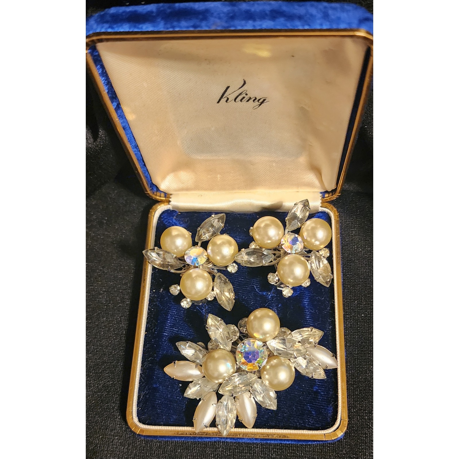 Vtg Judy Lee Faux Pearl Aurora Borealis Rhinestone Brooch Earring Set Boxed